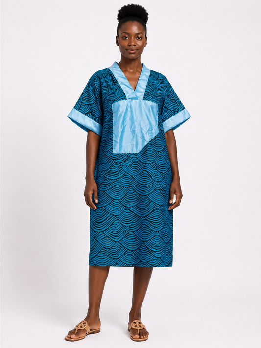 Ankara Knee Length Bubu with Contrast Neckline  | African Print Dress | Agbeke Style