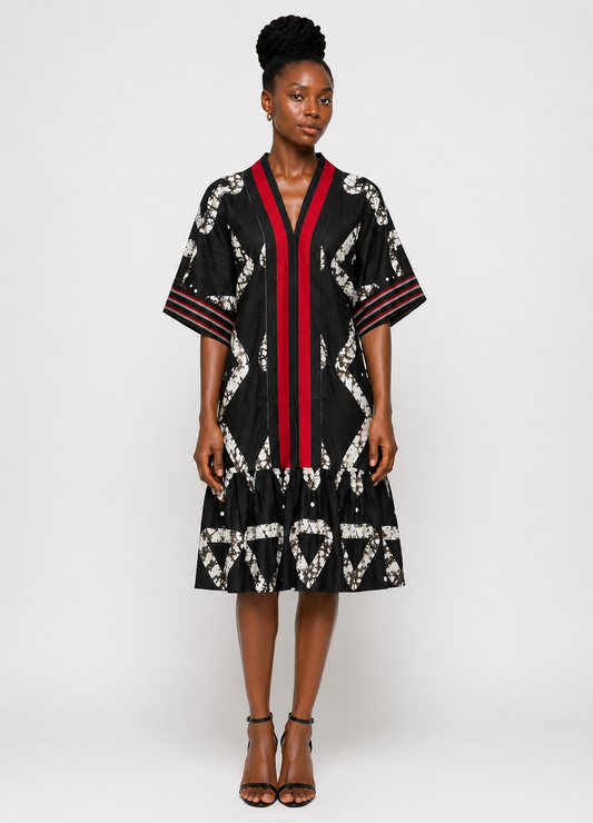 Ankara & Asooke Knee Length Dress with Belt | Agbeke Style