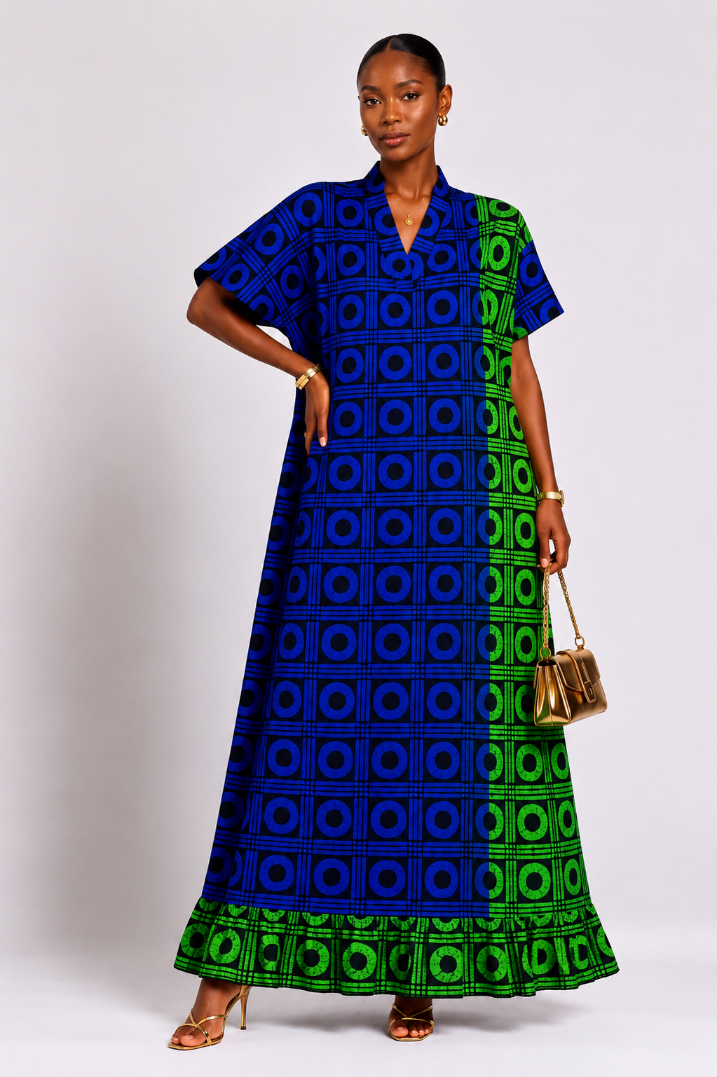 Ankara V-Neck Maxi Dress with Ruffle Hem | African Print Kaftan | Agbeke Style
