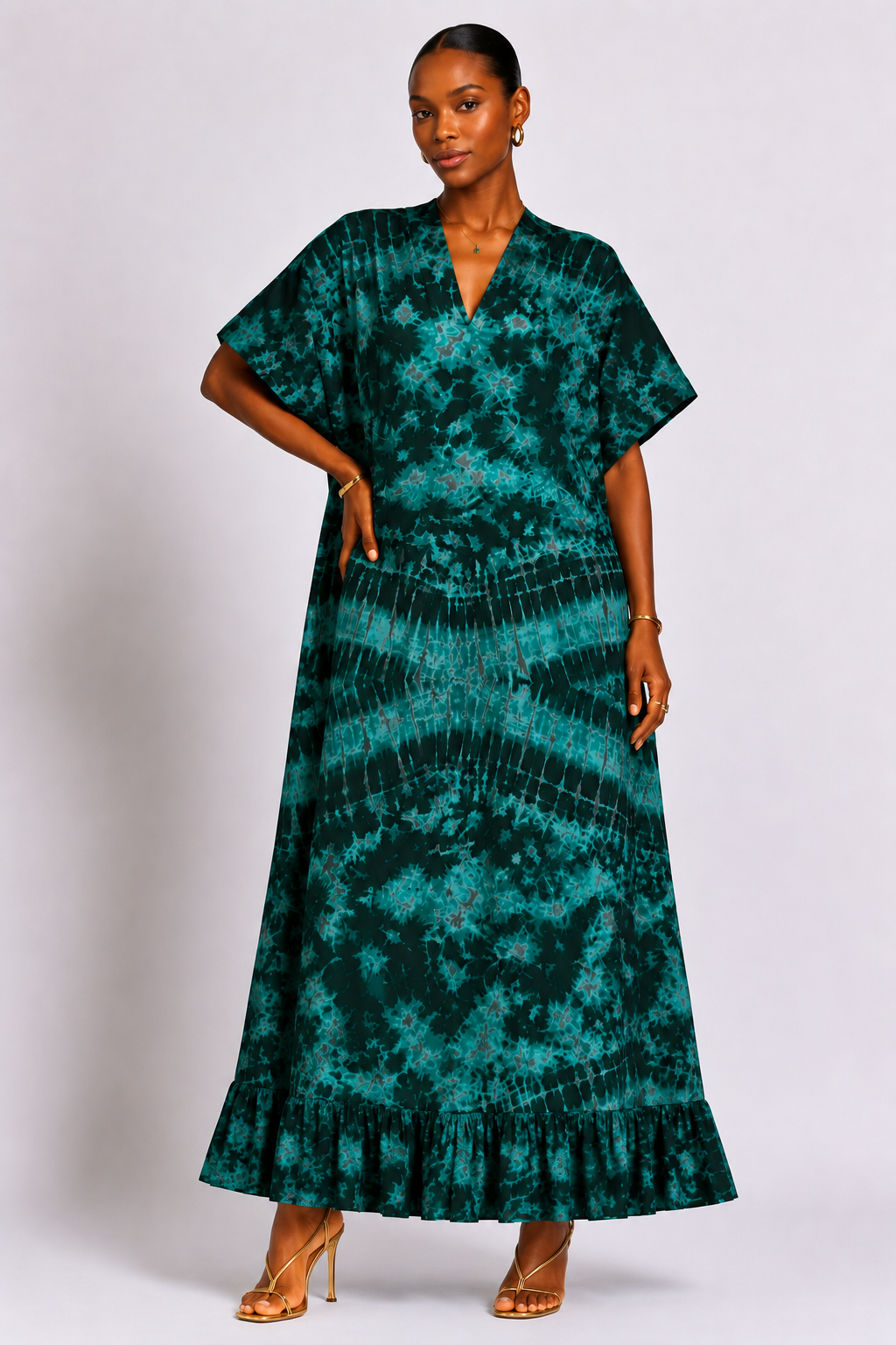 Ankara V-Neck Maxi Dress with Ruffle Hem | African Print Kaftan | Agbeke Style