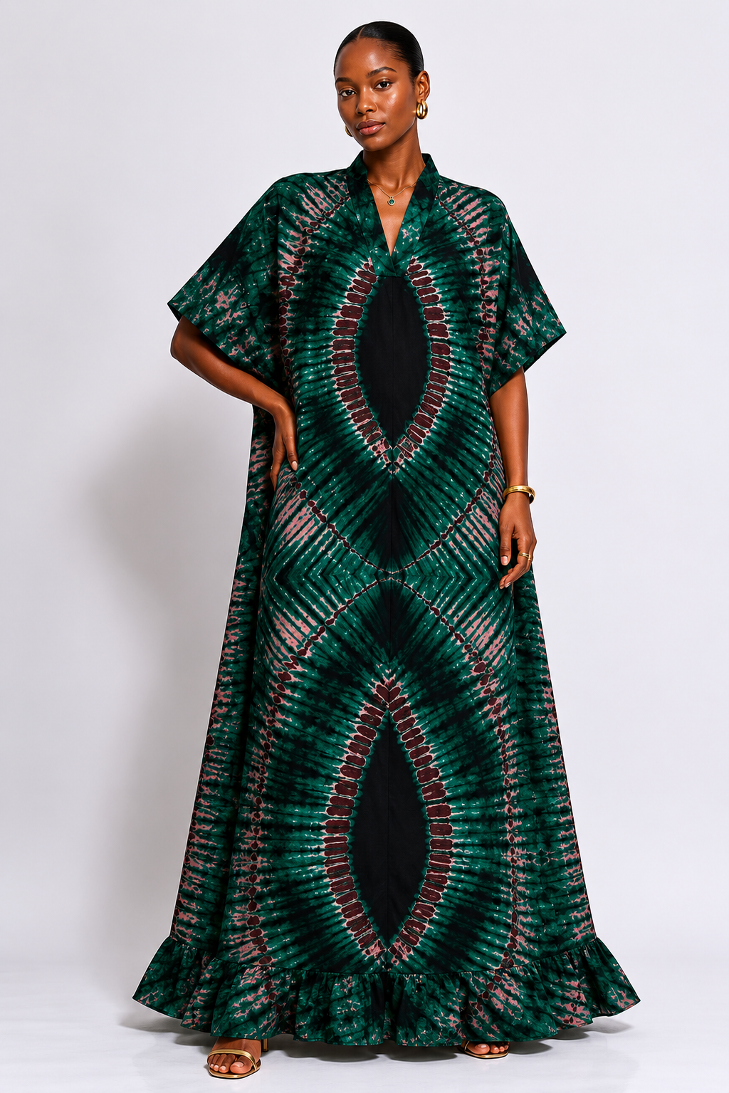 Ankara V-Neck Maxi Dress with Ruffle Hem | African Print Kaftan | Agbeke Style