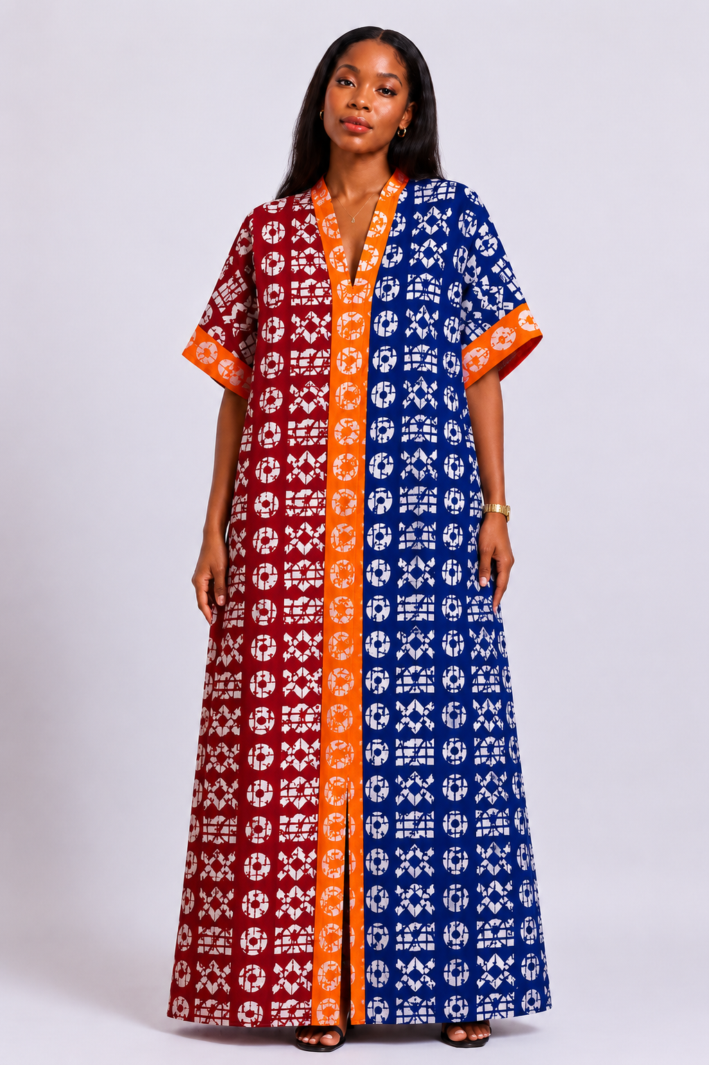 Ankara V-Neck Maxi Dress with Front Slit & Inner Belt| African Print Kaftan | Agbeke Style