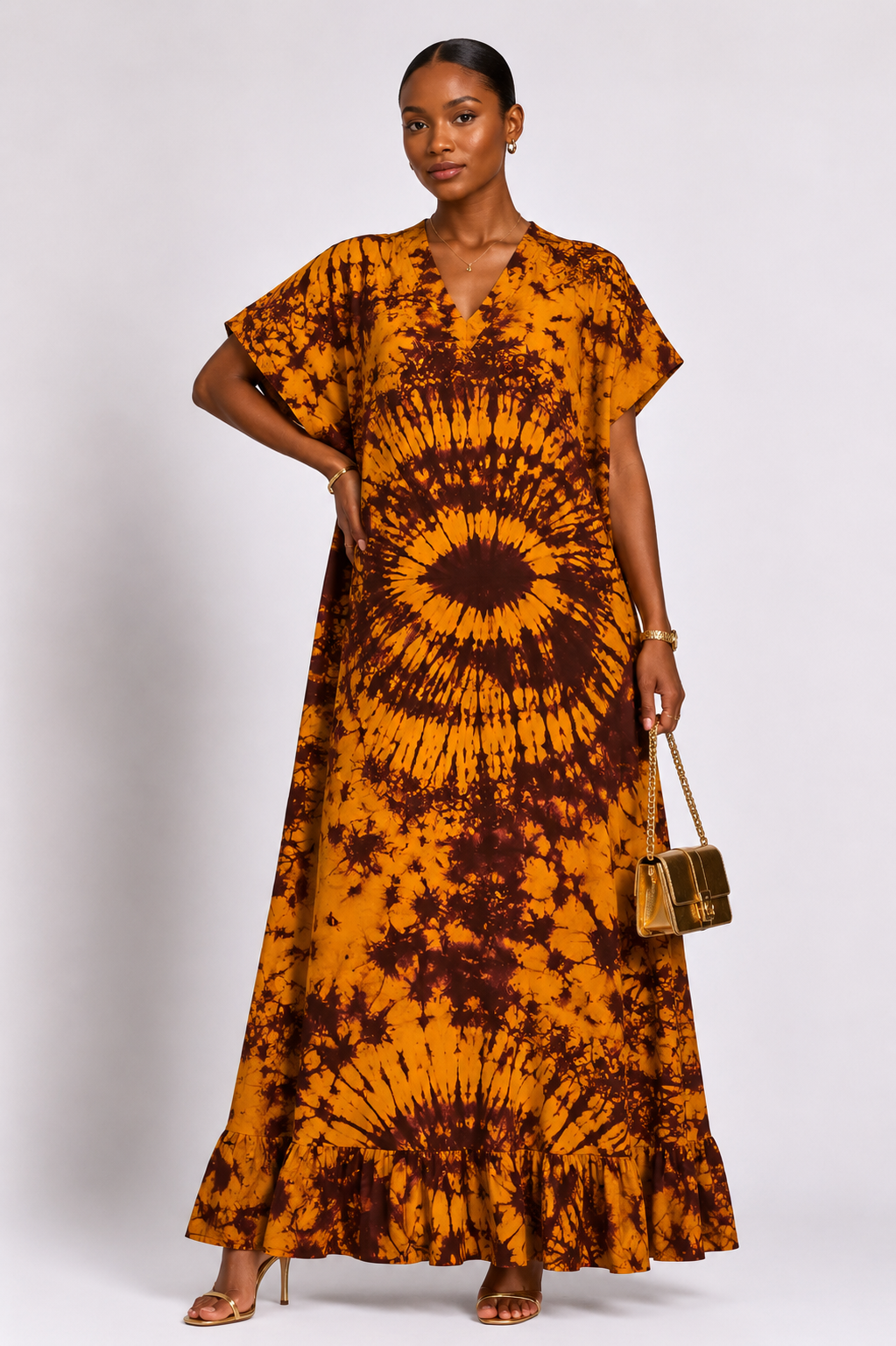 Ankara V-Neck Maxi Dress with Ruffle Hem | African Print Kaftan | Agbeke Style