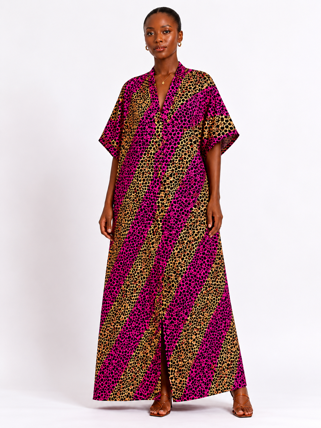 Ankara V-Neck Maxi Dress with Front Slit & Inner Belt| African Print Kaftan | Agbeke Style