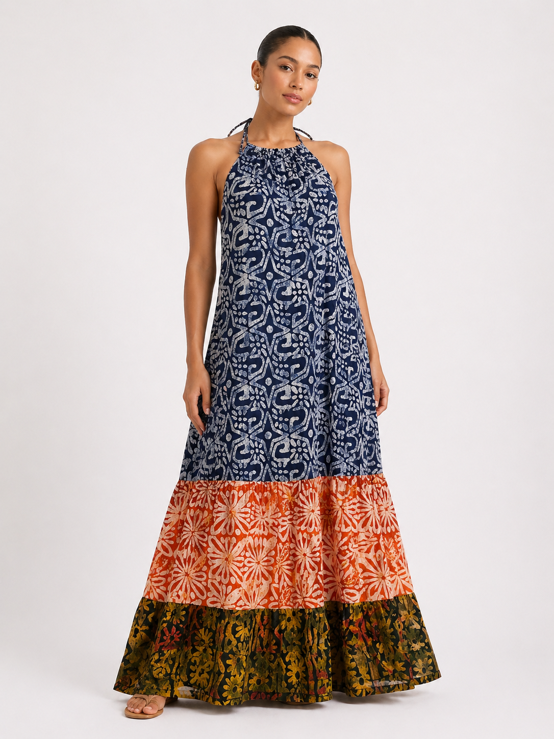 Adire Backless Halter Maxi Dress | African Print Dress | Agbeke Style