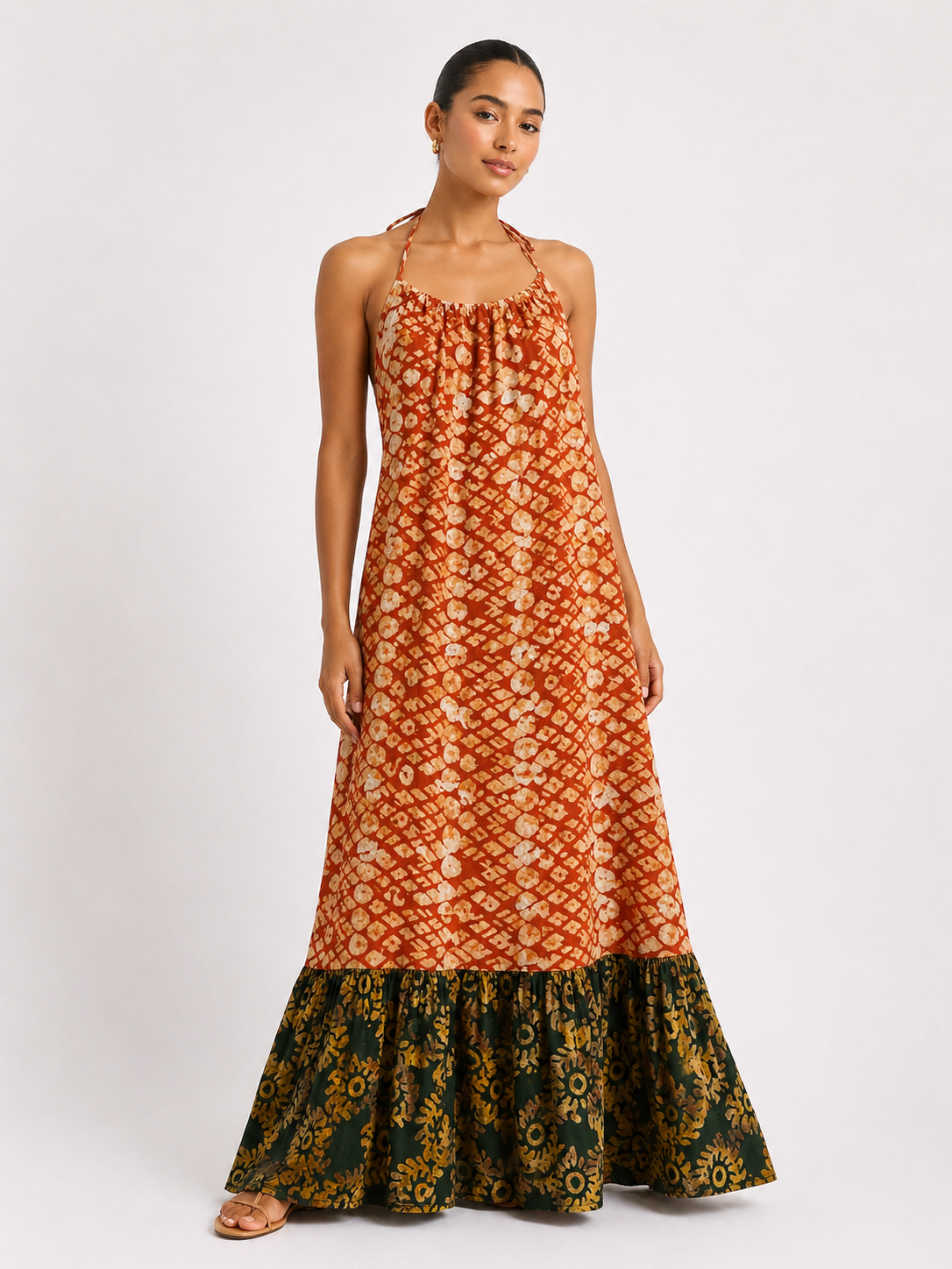Adire Backless Halter Maxi Dress | African Print Dress | Agbeke Style