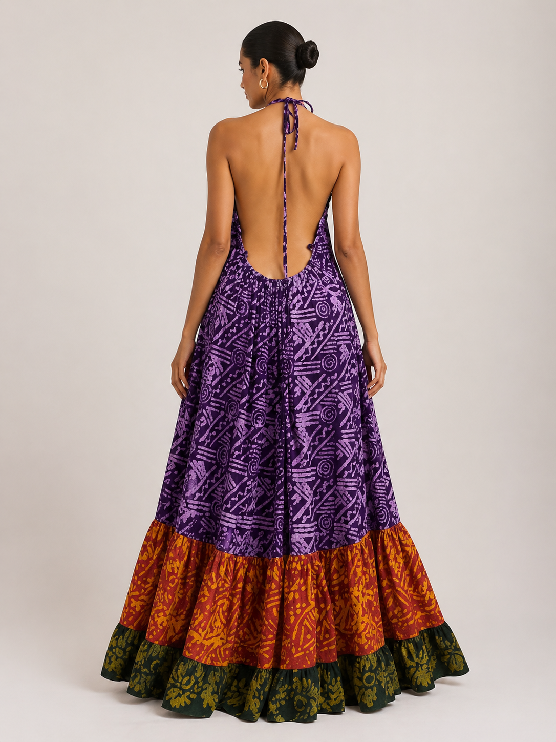 Adire Backless Halter Maxi Dress | African Print Dress | Agbeke Style