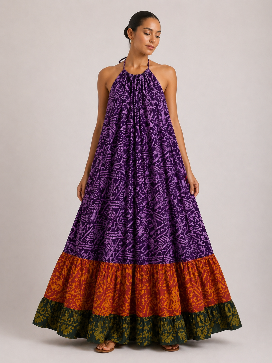 Adire Backless Halter Maxi Dress | African Print Dress | Agbeke Style