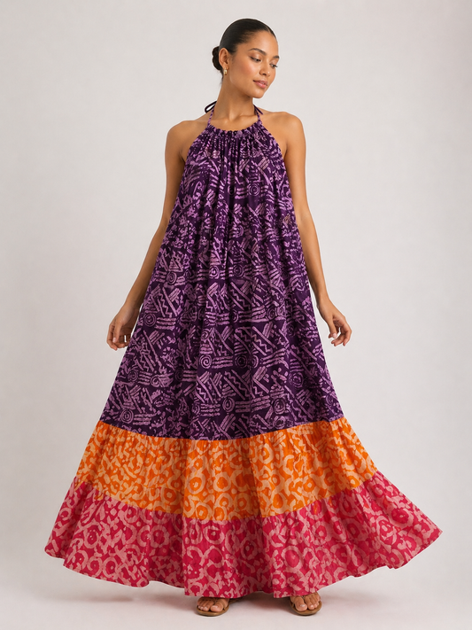Adire Backless Halter Maxi Dress | African Print Dress | Agbeke Style