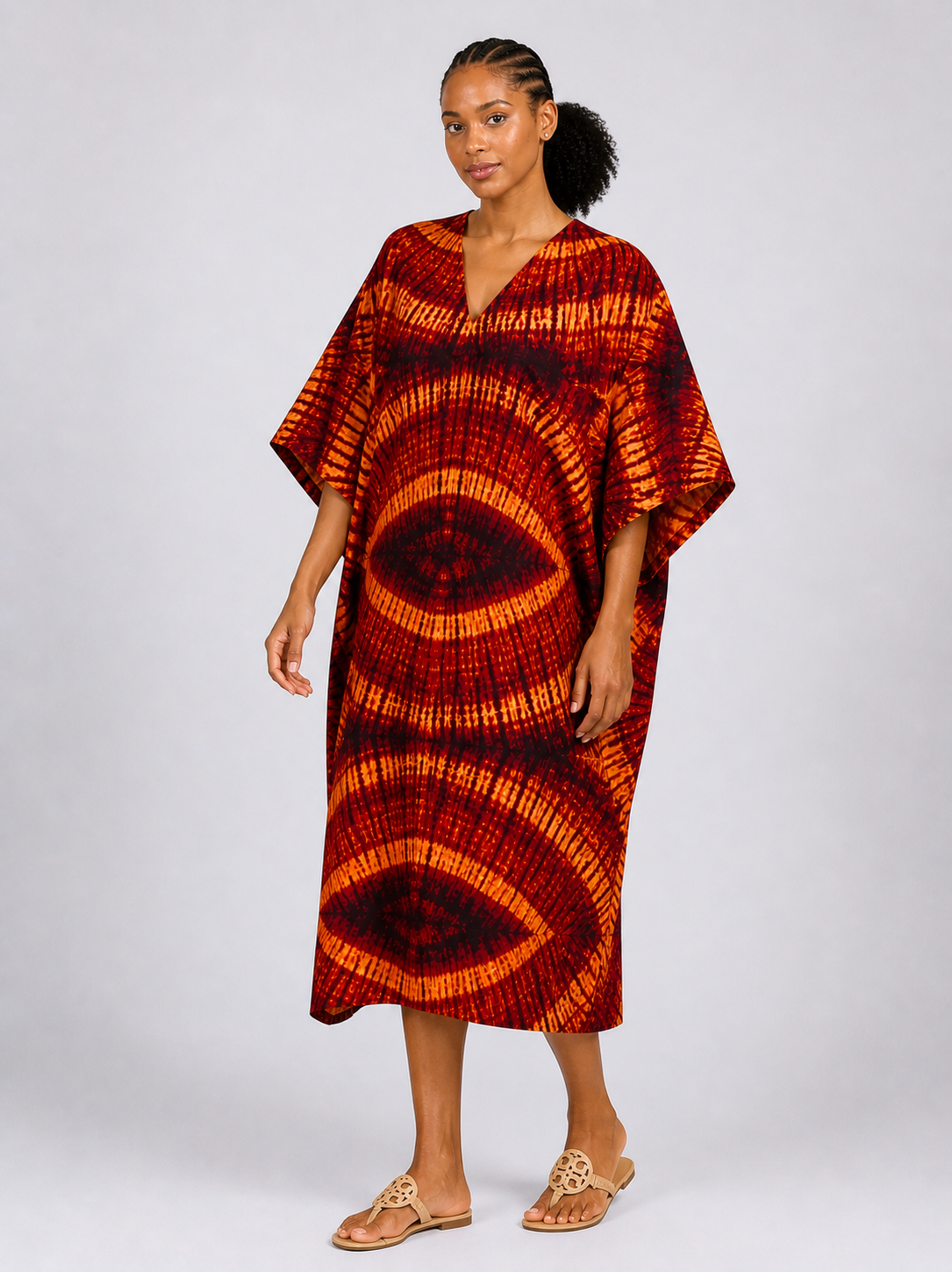Ankara 3-Stripe V-Neck Midi Dress | African Print | Agbeke Style.