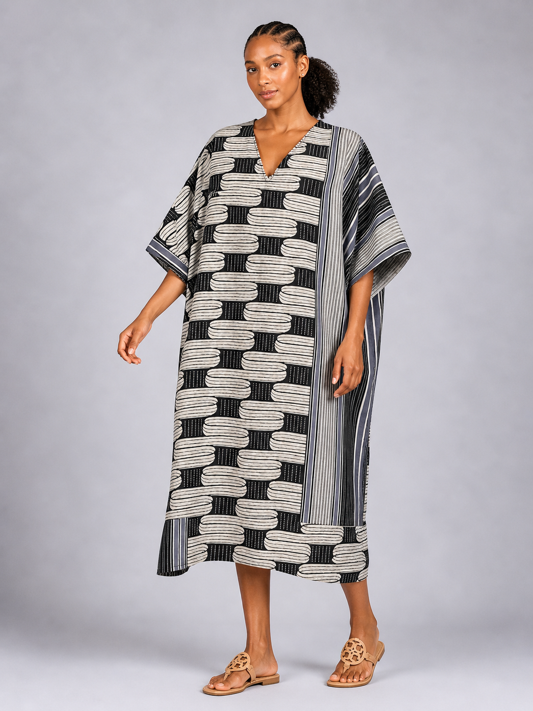 Ankara 3-Stripe V-Neck Midi Dress | African Print | Agbeke Style.