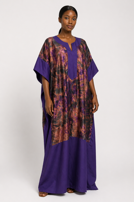 Adire Silk & Crepe Bubu Maxi Dress | African Print Kaftan | Agbeke Style