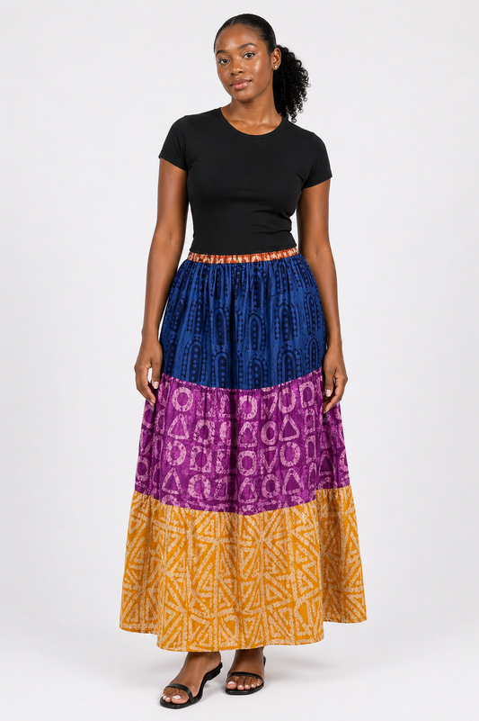 Adire Maxi Tiered Skirt | African Print Skirt | Agbeke Style