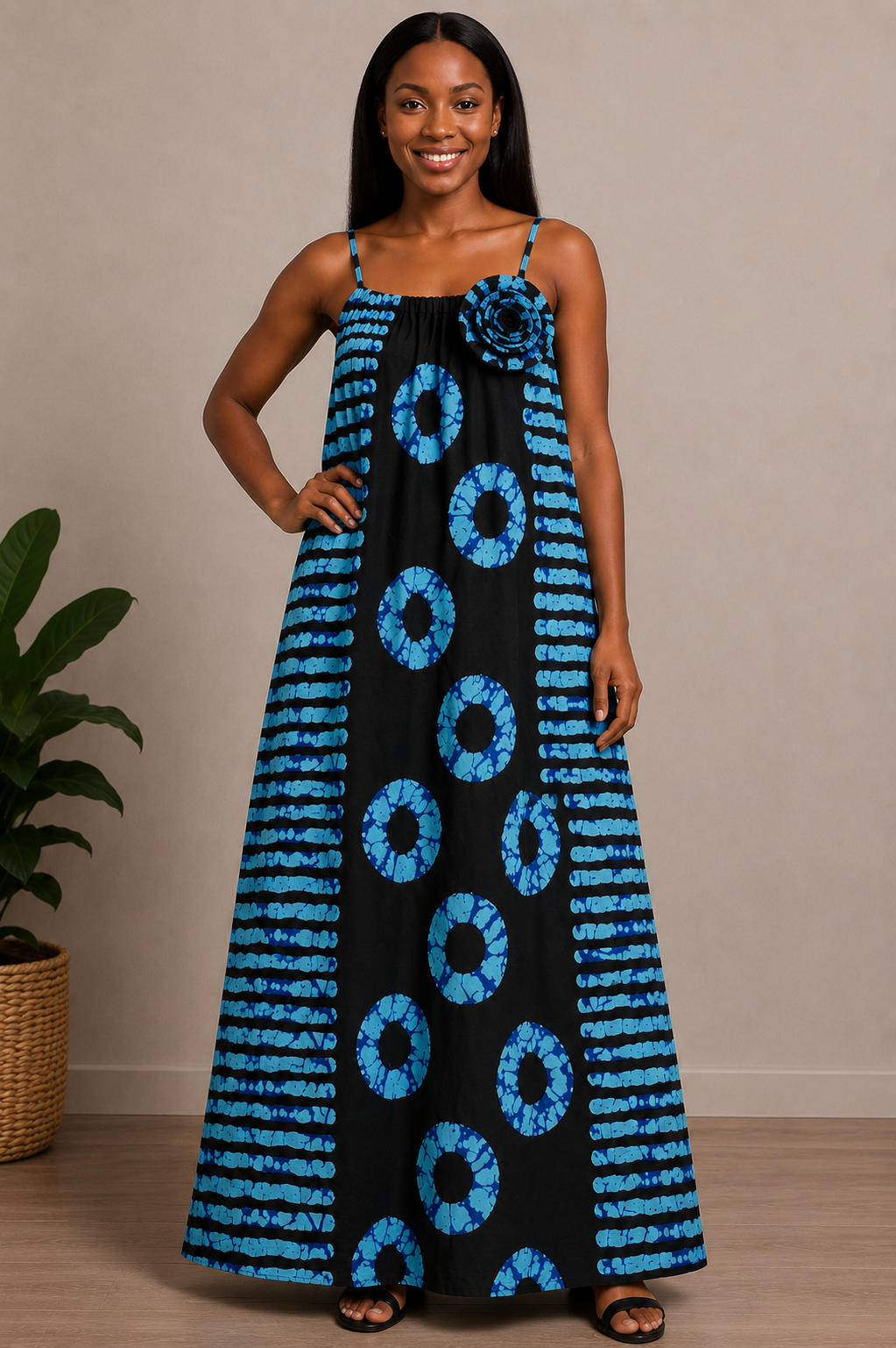 Ankara Maxi Dress with Rosette Detail | African Print Bubu | Agbeke Style