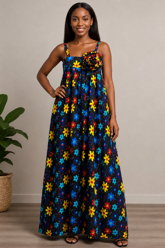 Ankara Maxi Dress with Rosette Detail | African Print Bubu | Agbeke Style