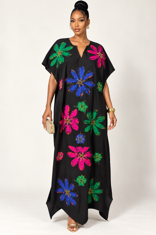**Ankara Floral Appliqué Bubu Maxi Dress | Agbeke Style