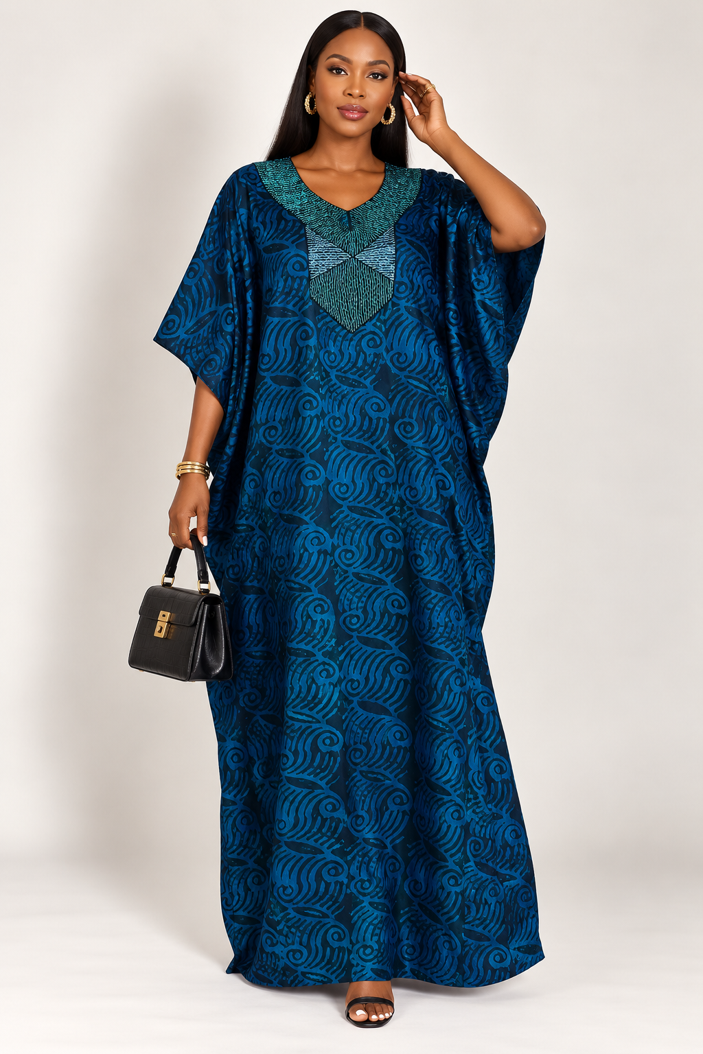 *Adire Beaded Bubu Maxi Dress | Beaded Detail | Agbeke Style