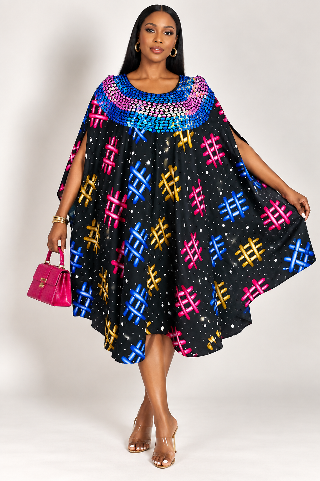 *Ankara Sequin-Neckline Cape Dress | Agbeke Style