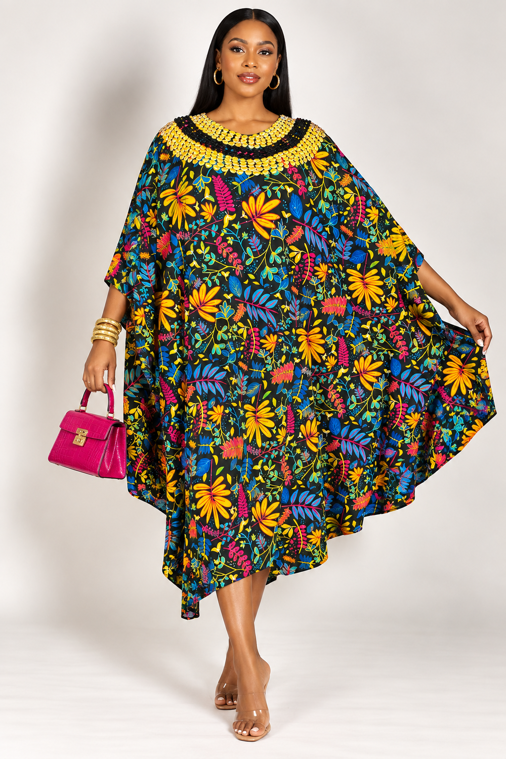 *Ankara Sequin-Neckline Cape Dress | Agbeke Style