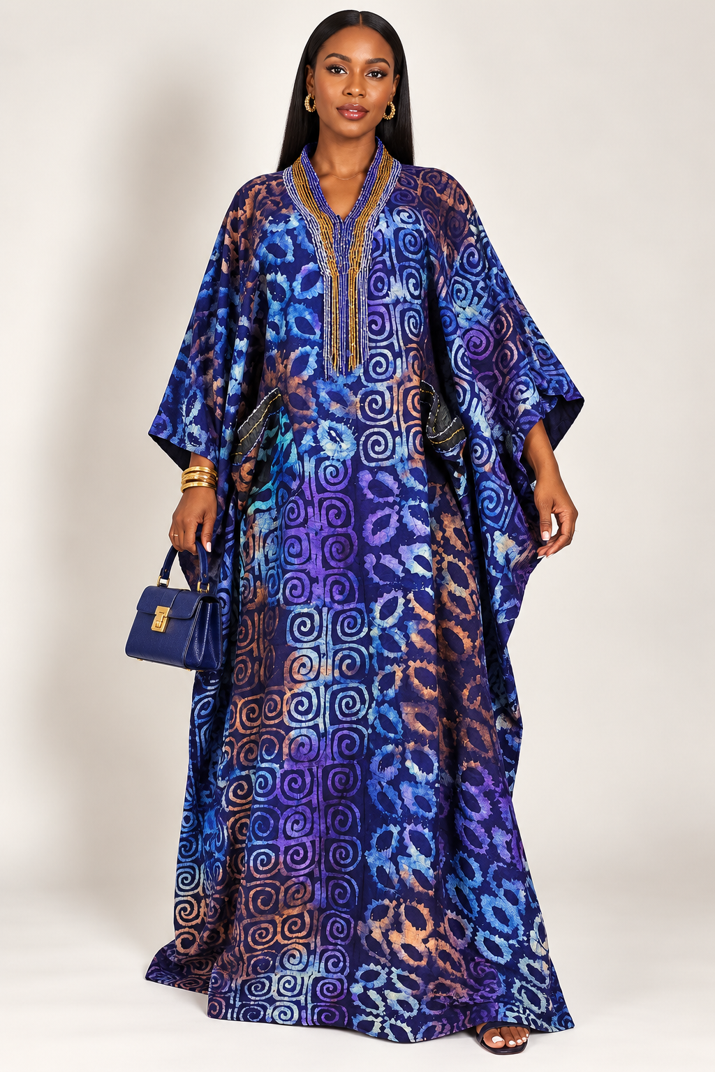 *Adire Beaded Fringe Neckline Kaftan Maxi Dress | Agbeke Style