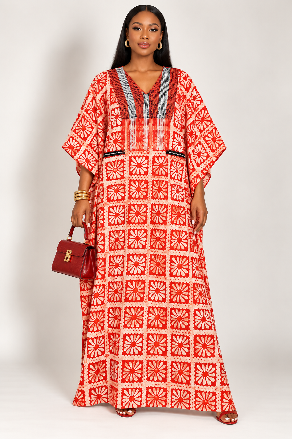 *Adire Beaded Fringe Neckline Kaftan Maxi Dress | Agbeke Style