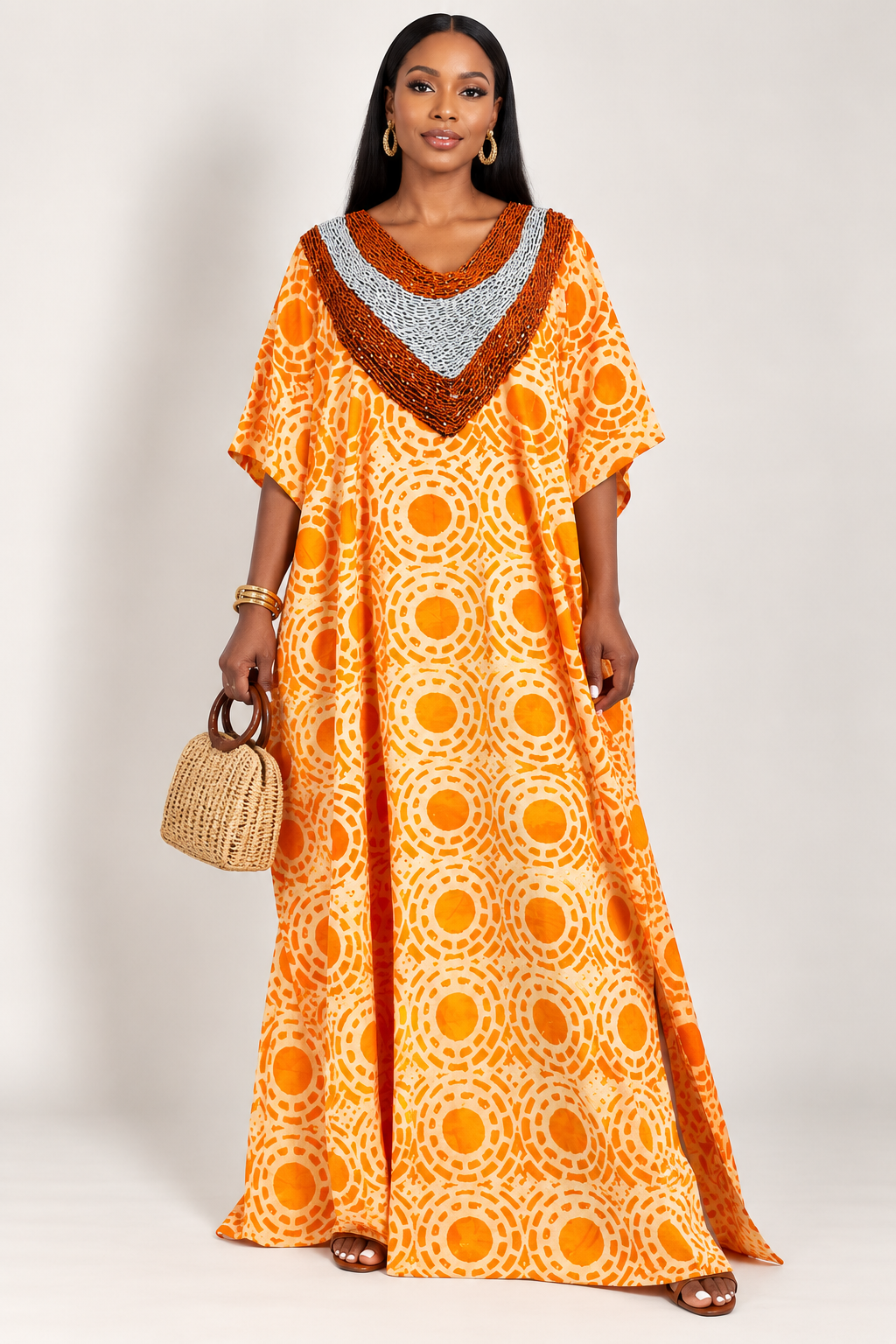 *Adire Beaded Bubu Maxi Dress | Beaded Detail | Agbeke Style