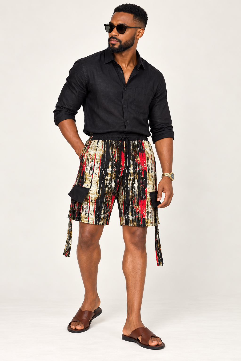 **Straps on Cargo Drawstring Shorts | Men's African Print Shorts| Agbeke Style
