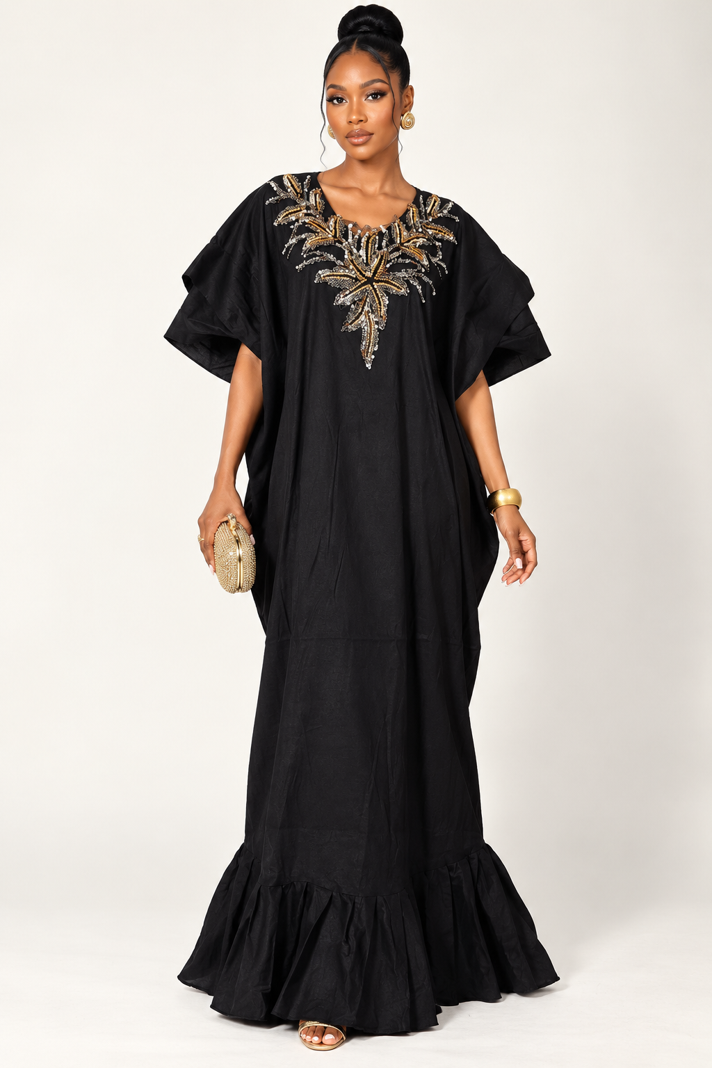 **Raw Silk Applique Ruffle-Hem Kaftan Maxi Dress | Agbeke Style