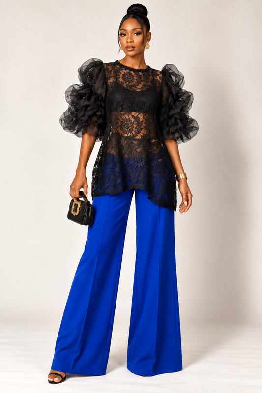 Black Sheer Organza Statement Top | Voluminous Ruffle Sleeve Blouse | Agbeke Style