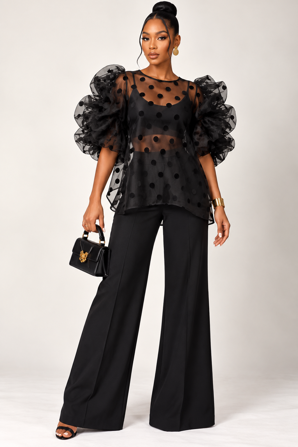 Black Sheer Organza Statement Top | Voluminous Ruffle Sleeve Blouse | Agbeke Style