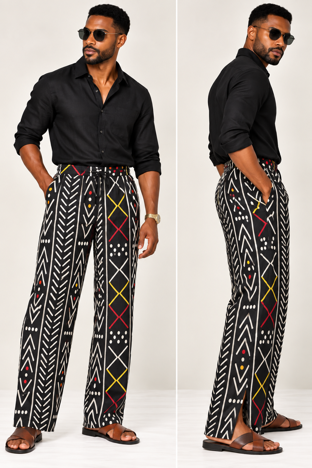 Slitted Wide-Leg Drawstring Trousers | Men's African Print Pants | Agbeke Style