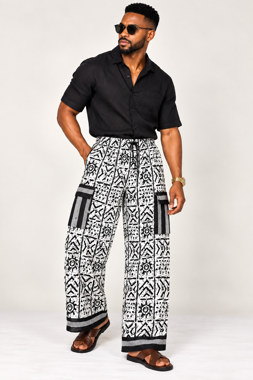 **Monochrome Wide-Leg Cargo Trouser | Men's African Print Pants | Agbeke Style