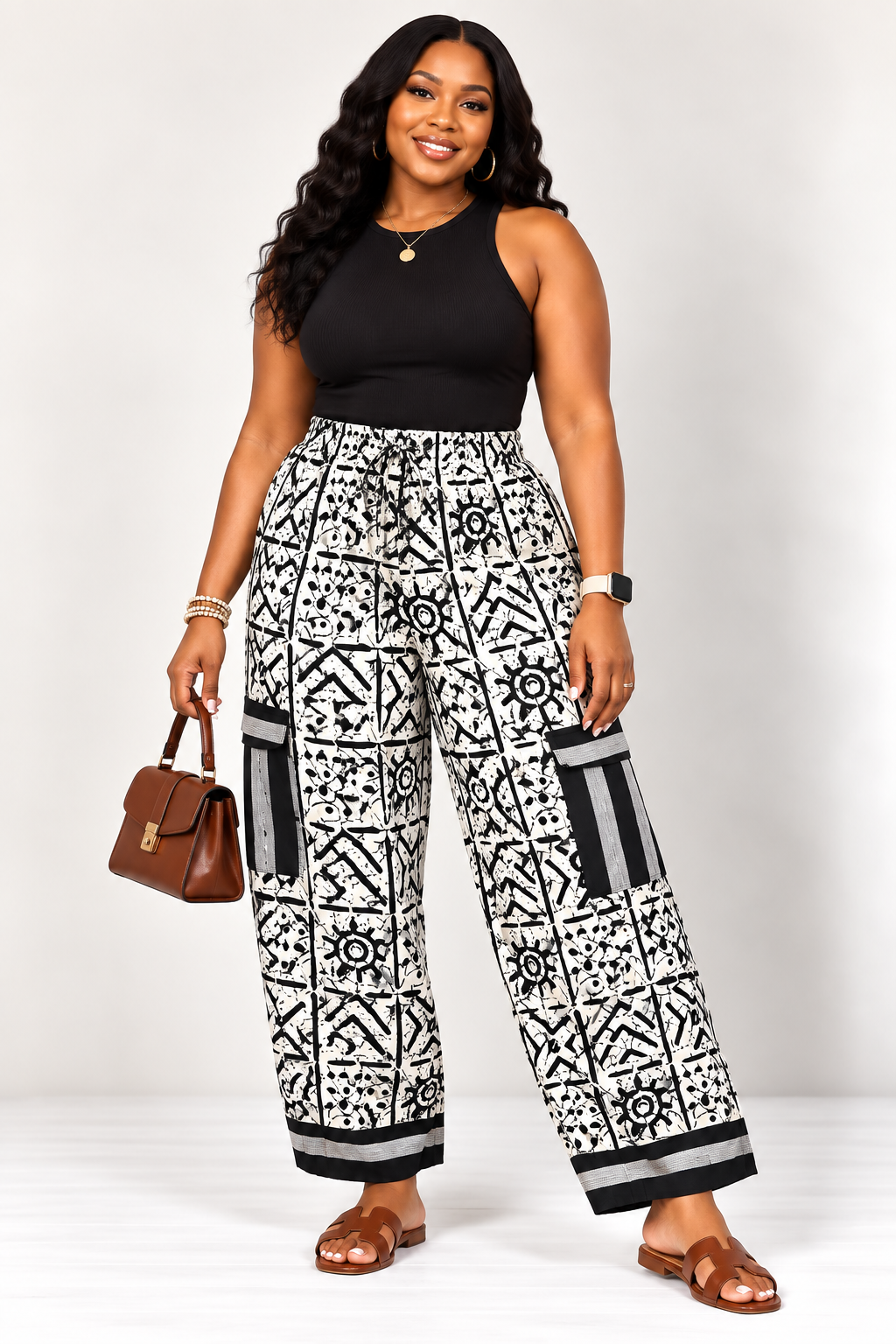 **Monochrome Wide-Leg Cargo Trouser | Men's African Print Pants | Agbeke Style