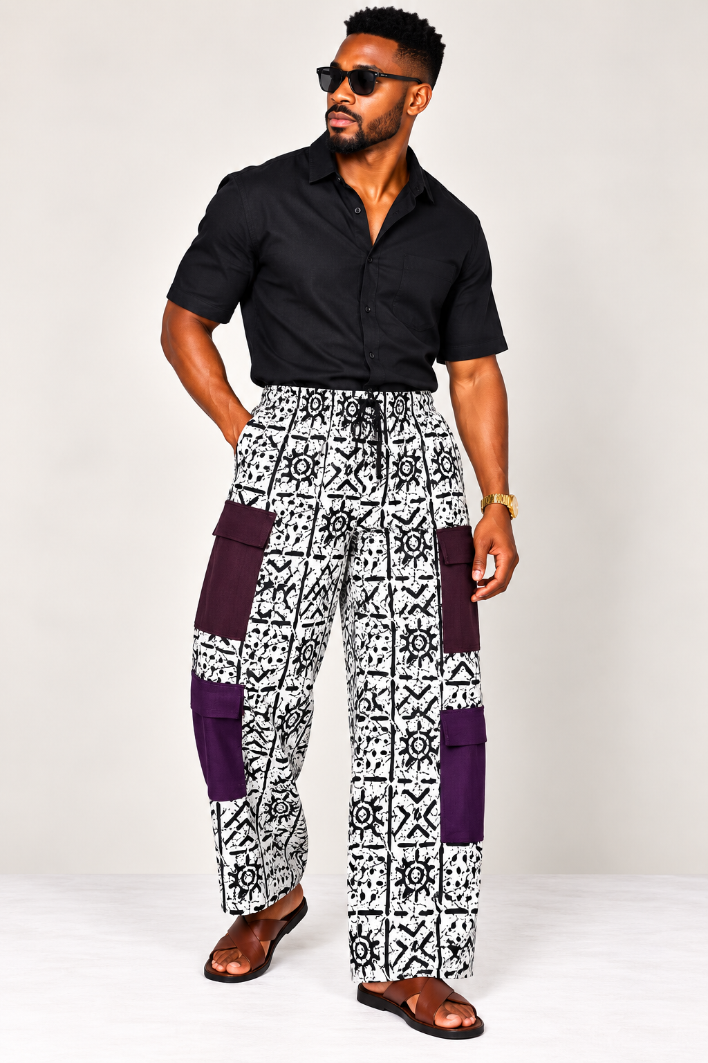 **Monochrome Wide-Leg Cargo Trouser | Men's African Print Pants | Agbeke Style