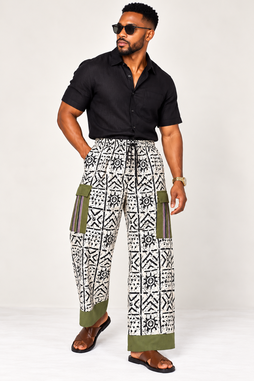 **Monochrome Wide-Leg Cargo Trouser | Men's African Print Pants | Agbeke Style