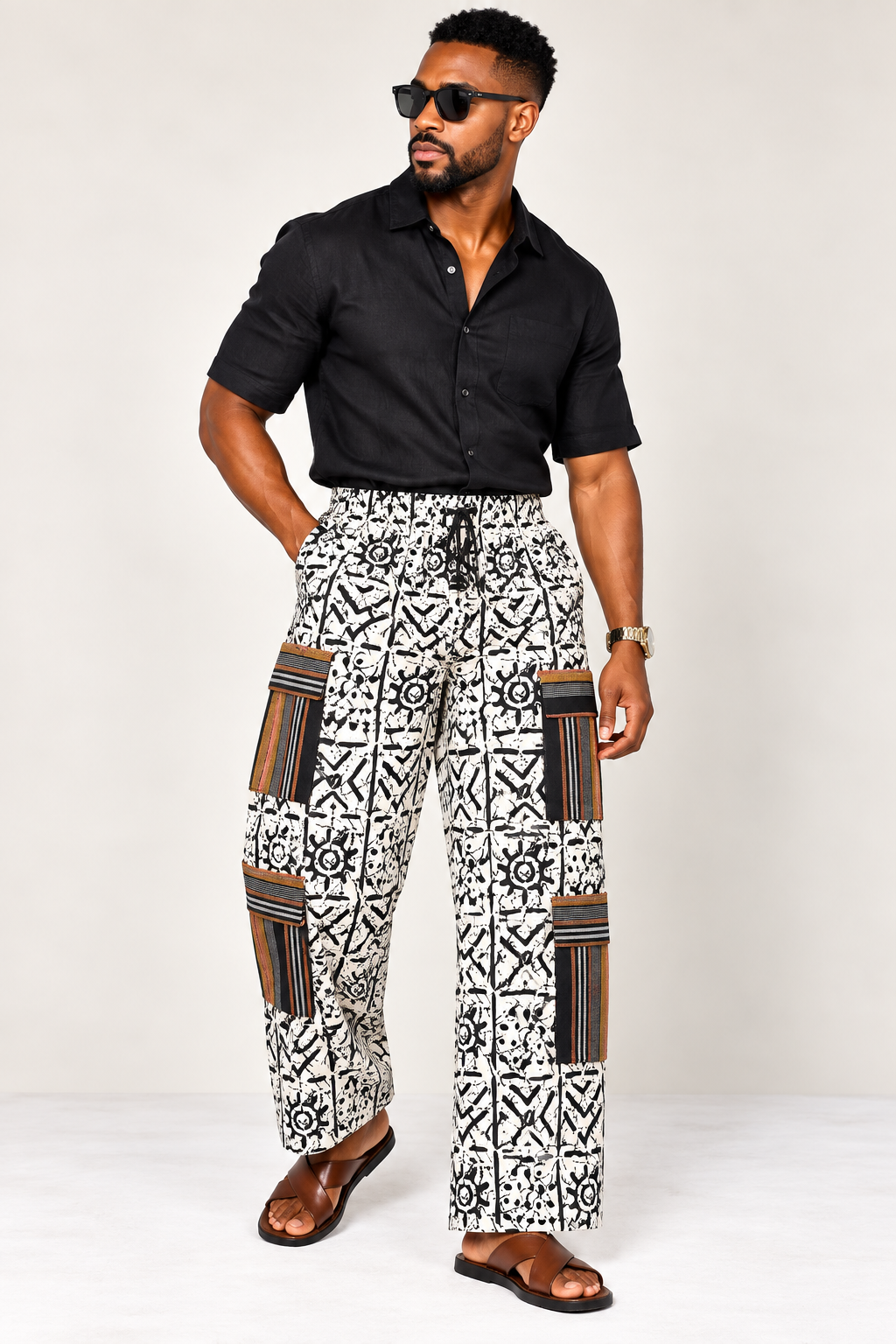 **Monochrome Wide-Leg Cargo Trouser | Men's African Print Pants | Agbeke Style
