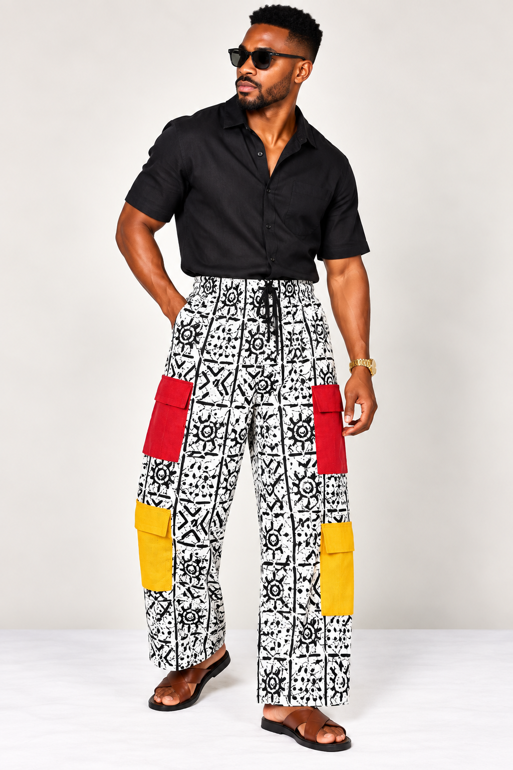 **Monochrome Wide-Leg Cargo Trouser | Men's African Print Pants | Agbeke Style