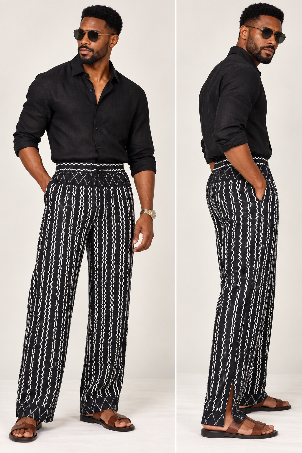 Slitted Wide-Leg Drawstring Trousers | Men's African Print Pants | Agbeke Style