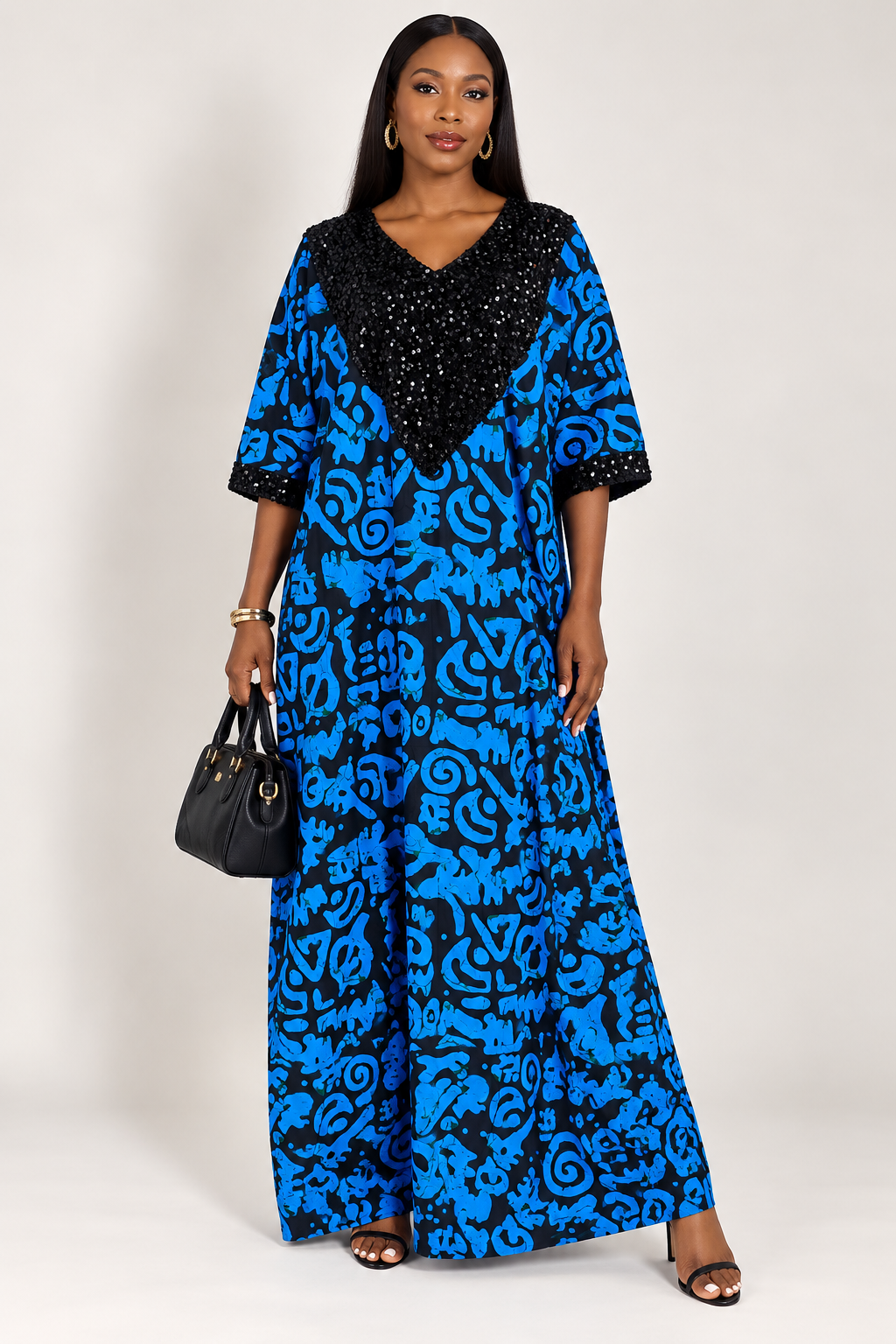 *Ankara Black Sequin-Trim Kaftan Maxi Dress | Agbeke Style
