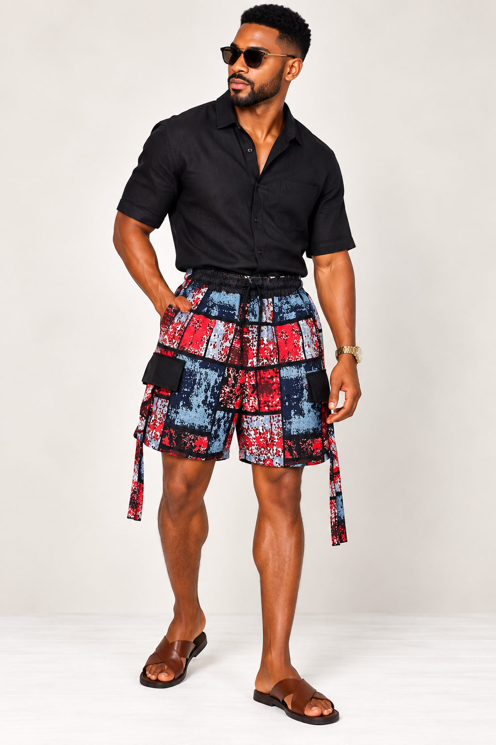 **Straps on Cargo Drawstring Shorts | Men's African Print Shorts| Agbeke Style