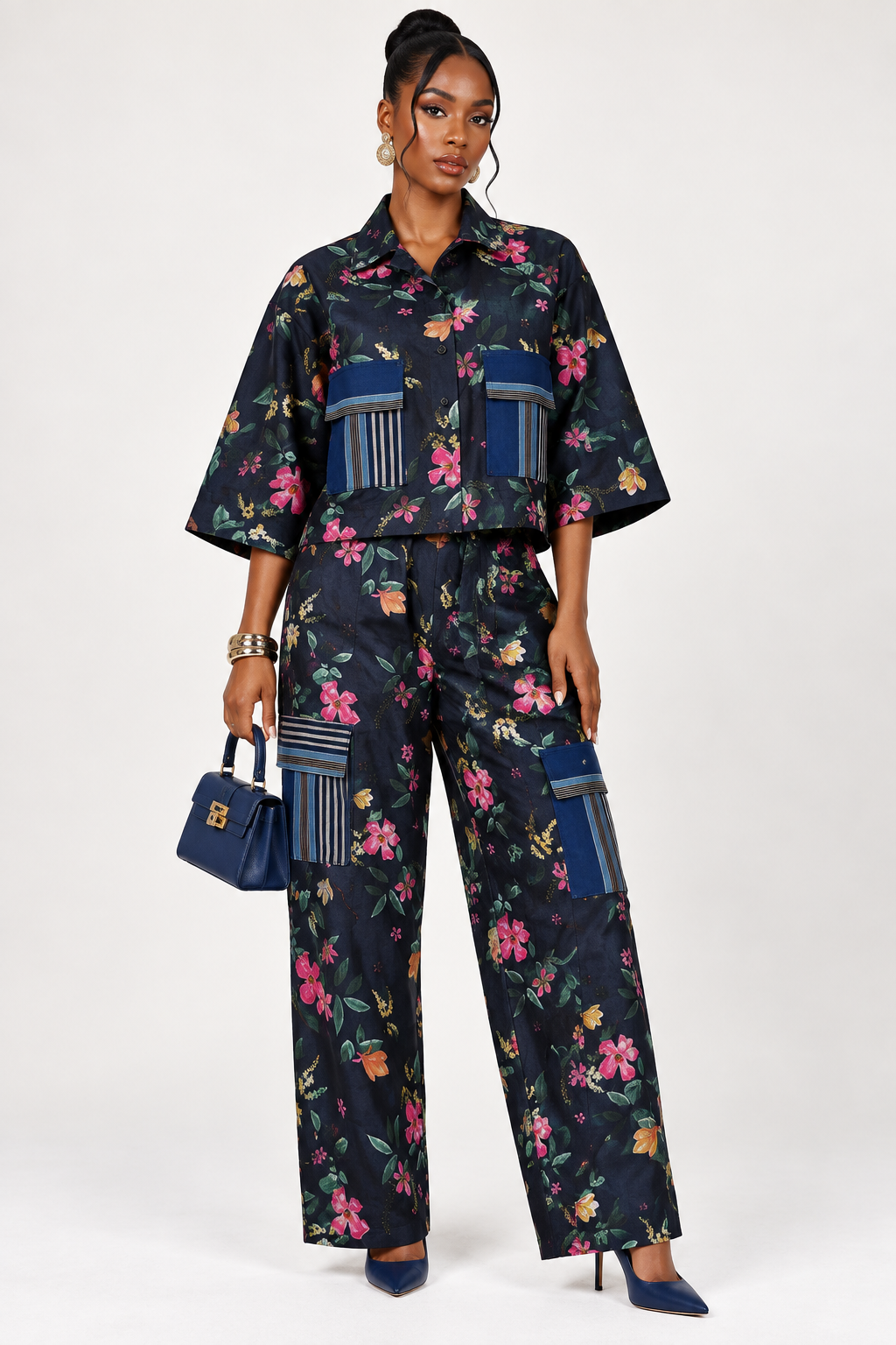 *Denim Shirt & Wide-Leg Pants Set with Asooke Pockets | Agbeke Style