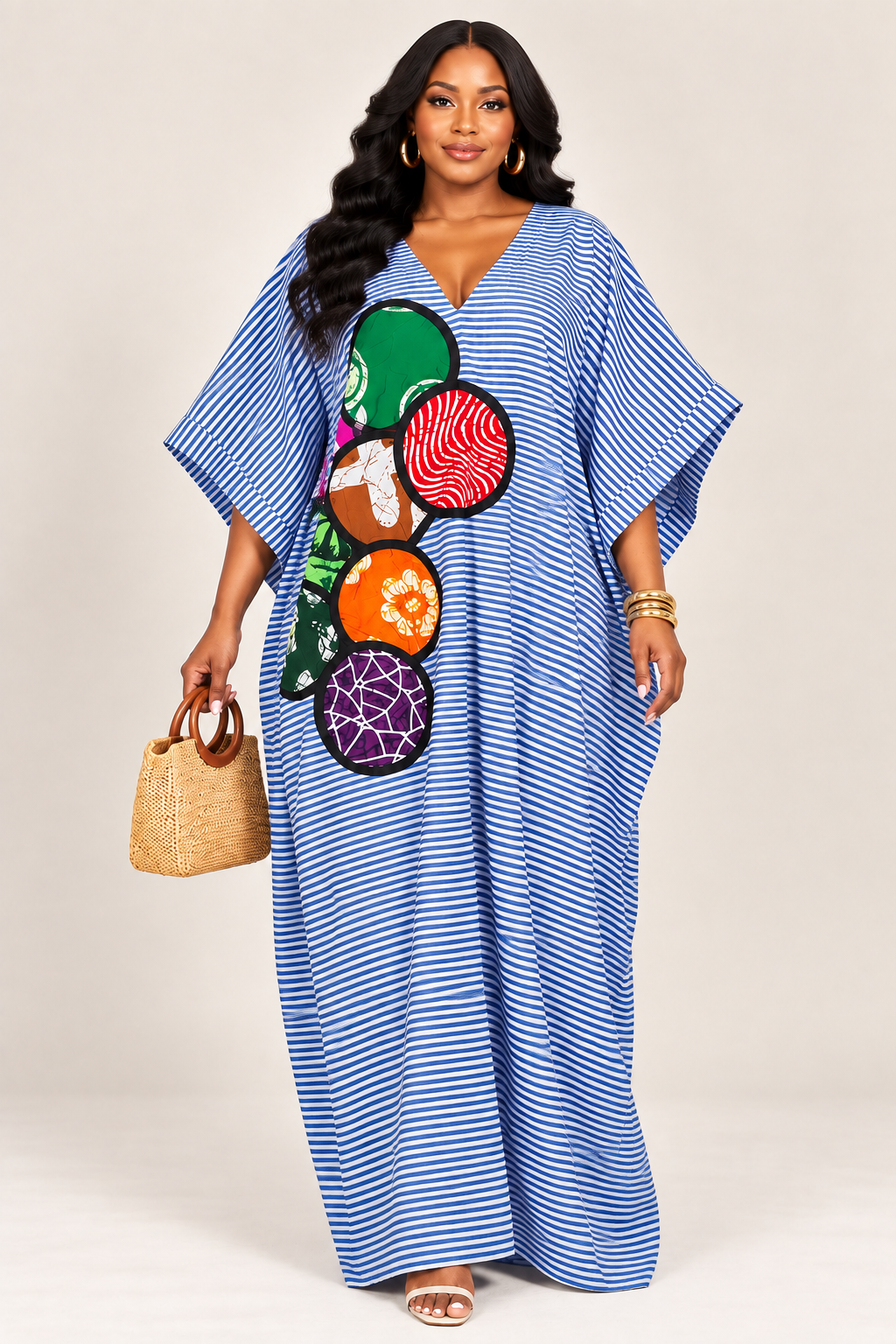 *Striped Kaftan Maxi Dress with Ankara Appliqué | Agbeke Style