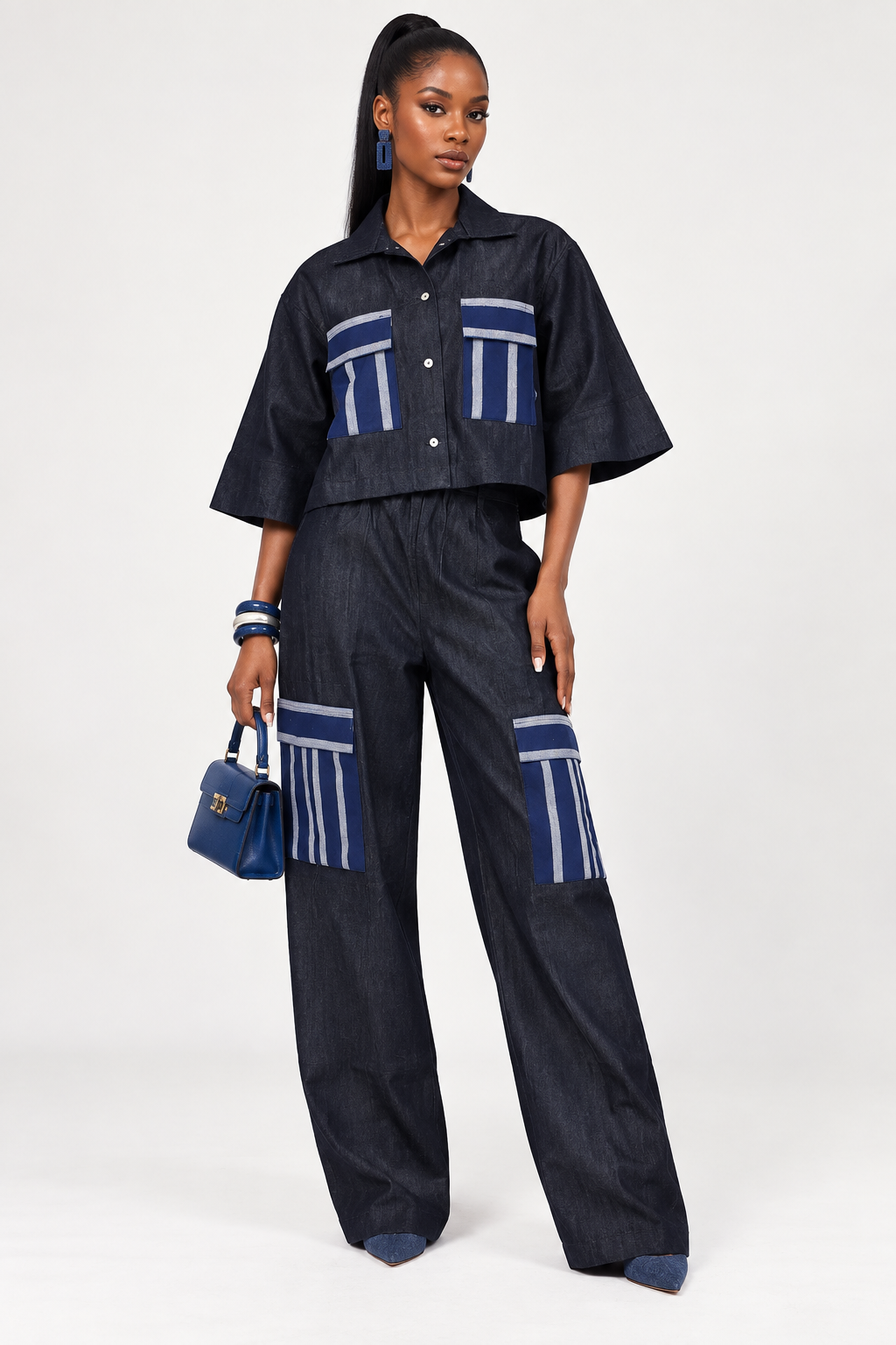 *Denim Shirt & Wide-Leg Pants Set with Asooke Pockets | Agbeke Style