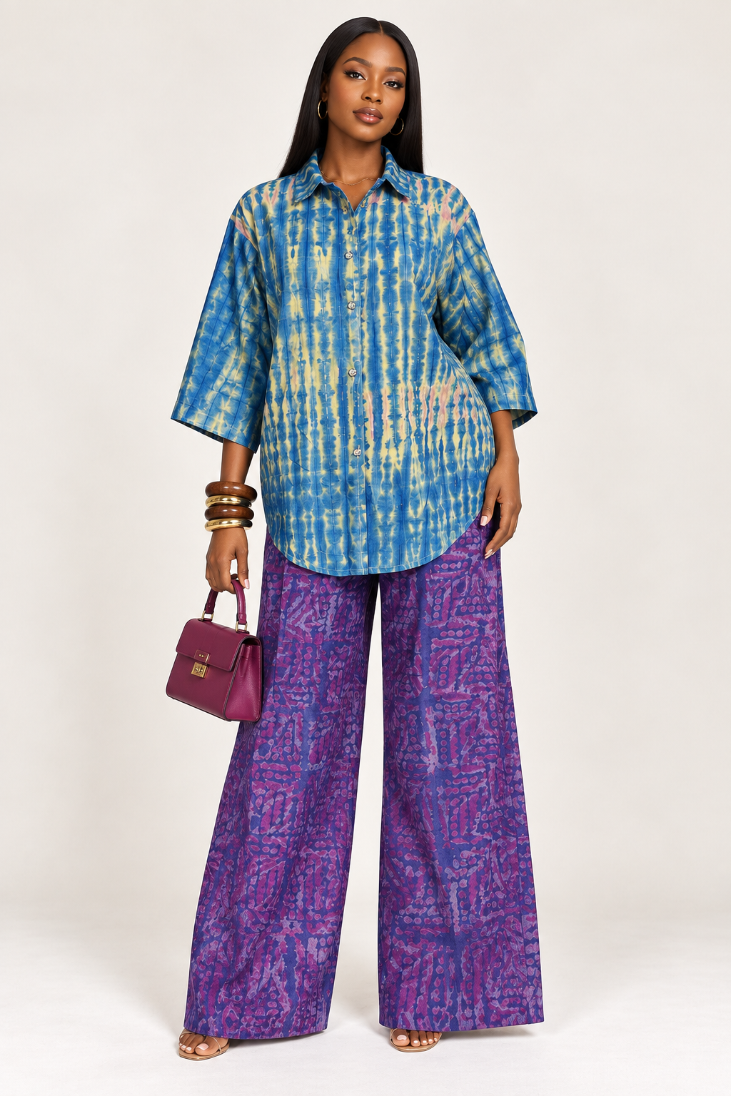 *Mismatched Adire Shirt & Wide-Leg Pants Set | Agbeke Style