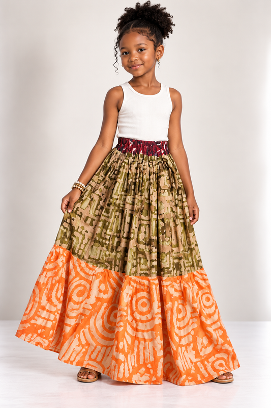 Kids Adire Maxi Tiered Skirt | African Print Skirt | Agbeke Style