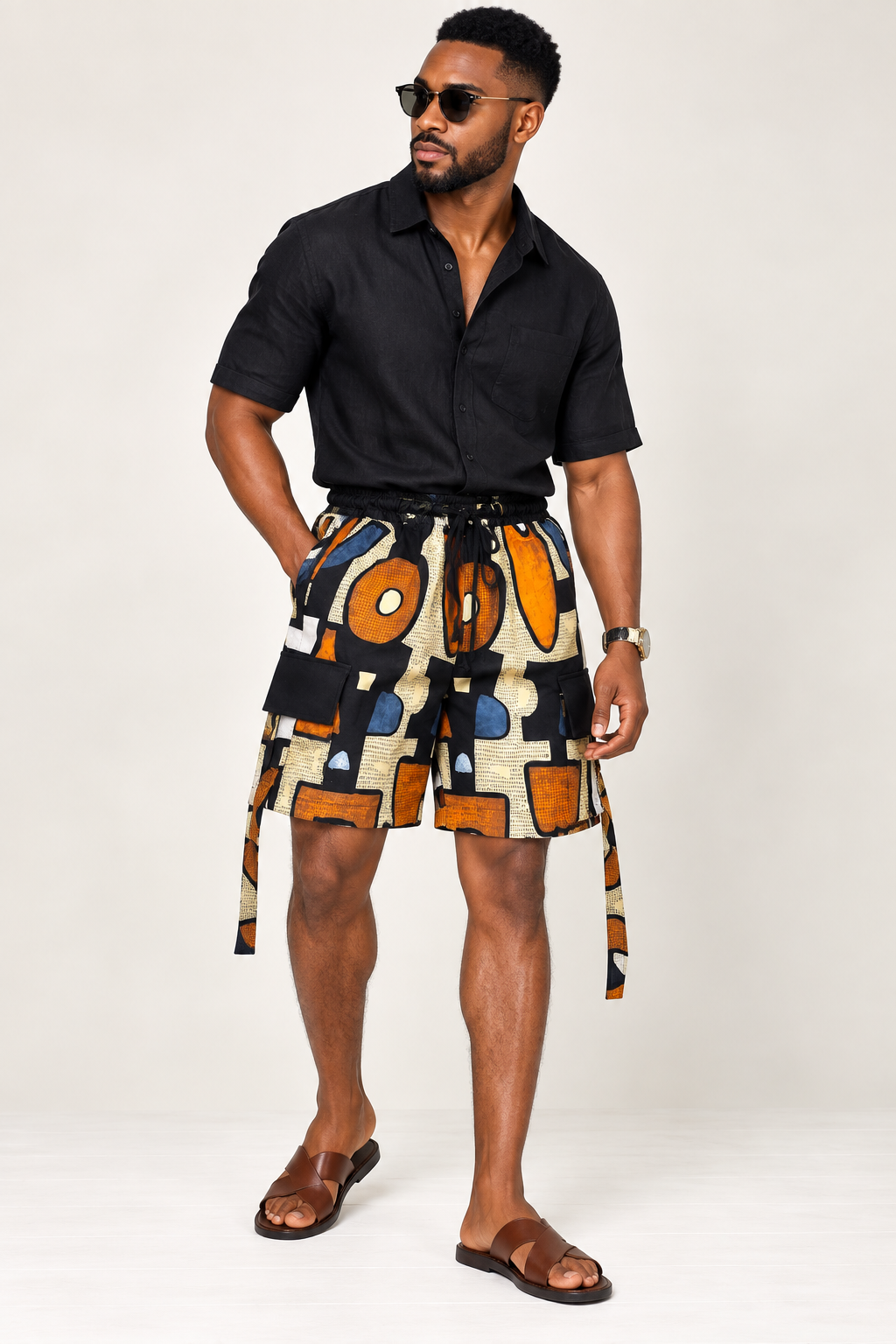 **Straps on Cargo Drawstring Shorts | Men's African Print Shorts| Agbeke Style