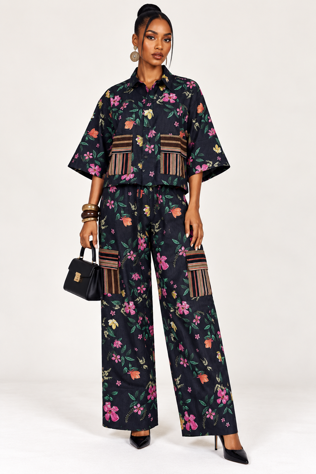 *Denim Shirt & Wide-Leg Pants Set with Asooke Pockets | Agbeke Style