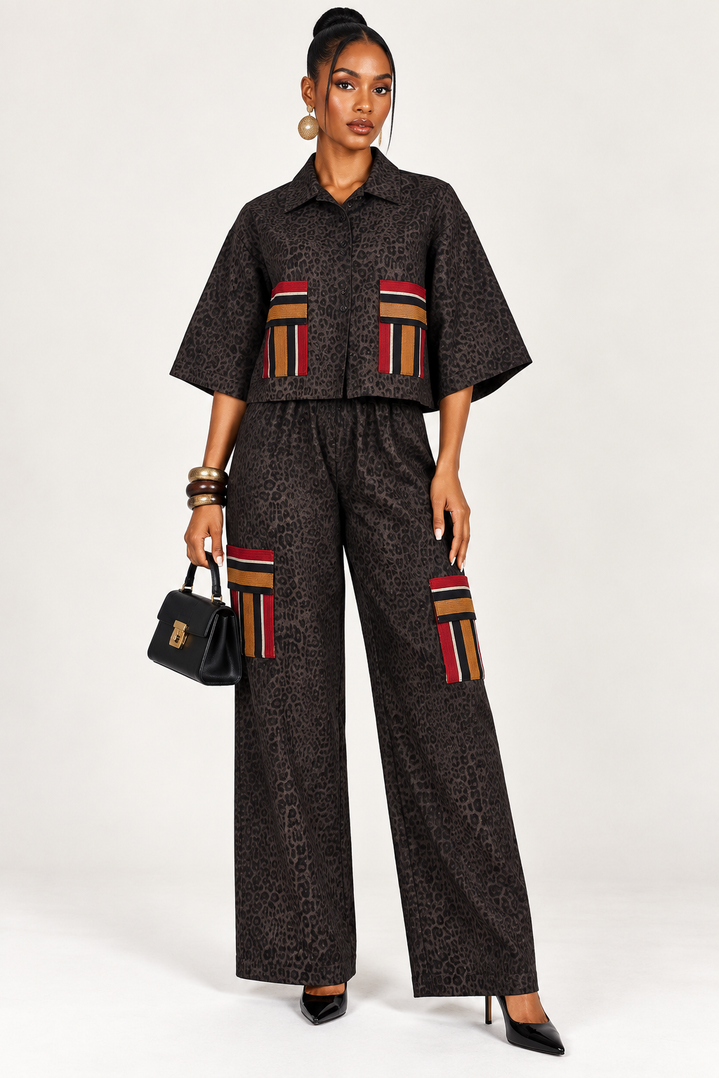 *Denim Shirt & Wide-Leg Pants Set with Asooke Pockets | Agbeke Style