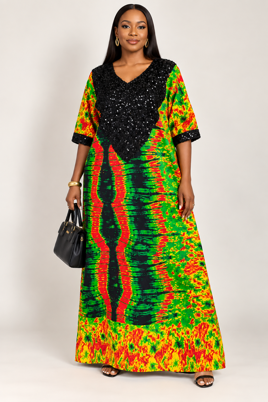 *Ankara Black Sequin-Trim Kaftan Maxi Dress | Agbeke Style