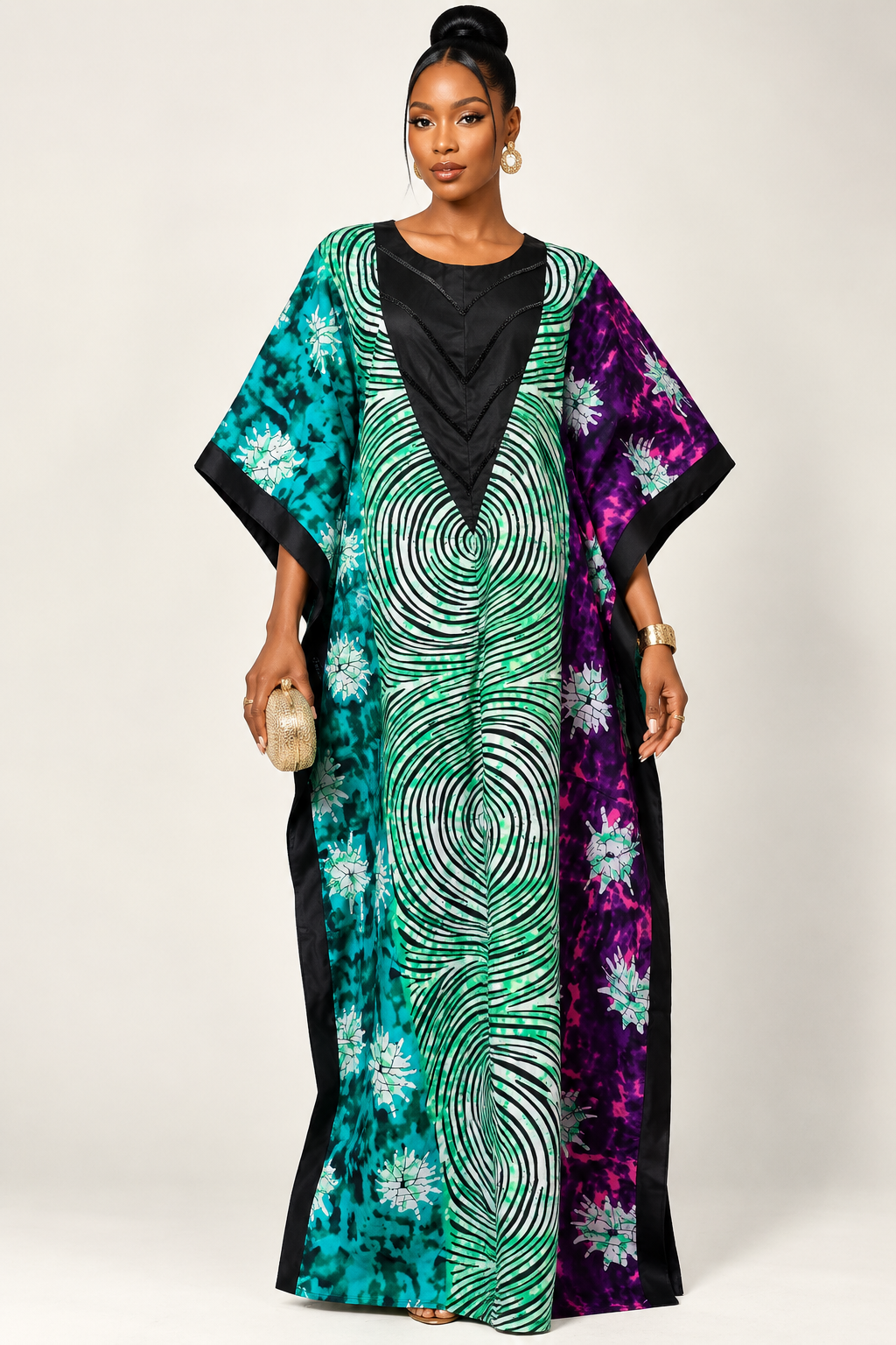 *Ankara Velvet Trim Bubu Maxi Dress | African Print Kaftan | Agbeke Style